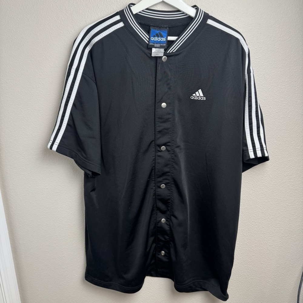 Vintage Adidas Men's Snap Button Jersey Shirt Y2K XL Black Sports Streetwear